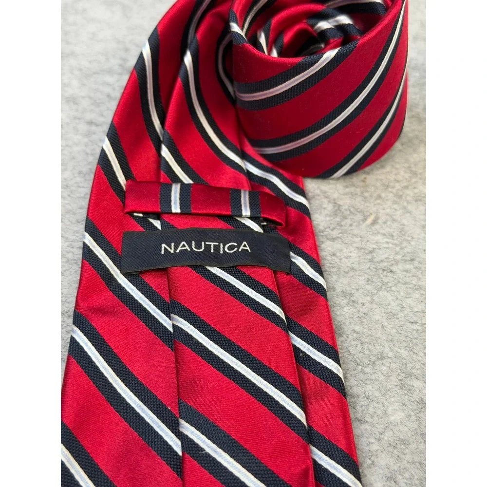 Nautica Mens Red Navy Blue White Striped‎ Silk Necktie RN 121146
